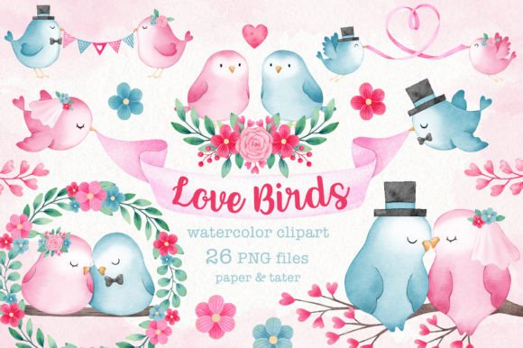 26 Hand-Painted Lovebirds & Floral Elements for Wedding Designs